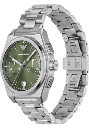 Image of Emporio Armani Watch for Men, Quartz 2 sub dial Chronograph Movement and 43mm Case Size with Stainless Steel Strap, Forest Green, 43MM, Bracelet