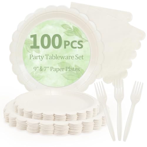 Image of 100 Cream Beige Paper Plates and Napkins Disposable for Party, 25-9 inch&25-7 inch