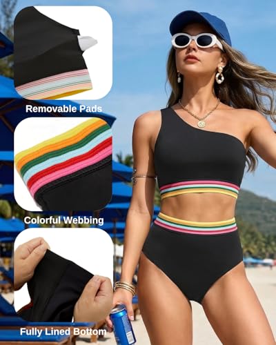 Image of Holipick Women One Shoulder High Waisted Bikini Sets Two Piece Swimsuit Tummy Control Bathing Suit Full Coverage Swimwear