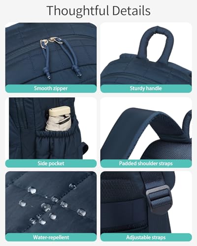Image of Bookbag for Women, Teen Girls Backpack for High School College Student, Puffer Quilted Back Pack Cute Laptop Backpack for Work Travel Mom Casual Daypack, Navy