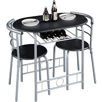 Yaheetech 3 Piece Dining Room Set, Modern Round Dining Table & Chairs Set for 2, Compact Breakfast Bar Table Set with Metal Legs and Shelf, Built-in Wine Rack for Dining Room, Living Room, Black