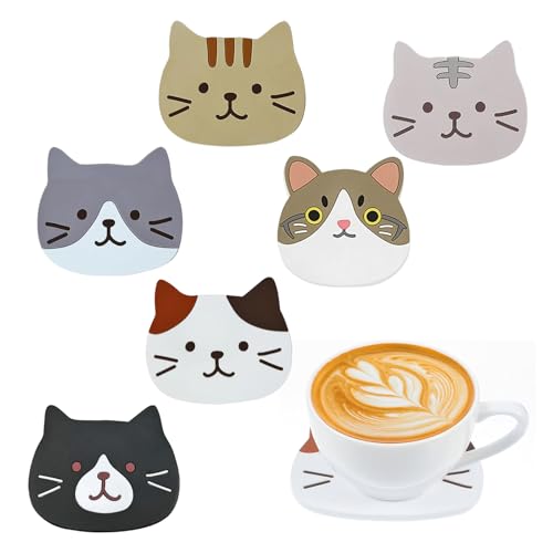 6 Pezzi Sottobicchiere a Forma Di Gatto, Sottobicchieri Decorativi, Carini Sottobicchieri, Antiscivolo E Resistente Al Calore, Adatto per Tavoli Da Pranzo, Cucine, Scrivanie E Aree Di Lavoro