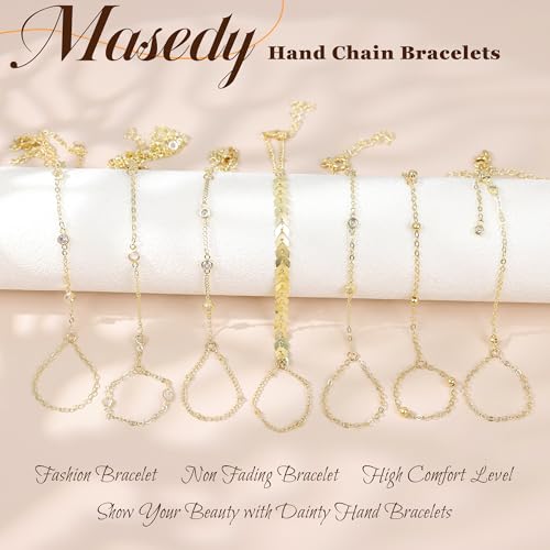 14K Gold Plated Hand Chains Bracelets for Women Trendy Stack CZ Beaded Finger Chain Dainty Adjustable Finger Rings Bracelets Charm Link Chain Beach Summer Fashion Hand Jewelry4
