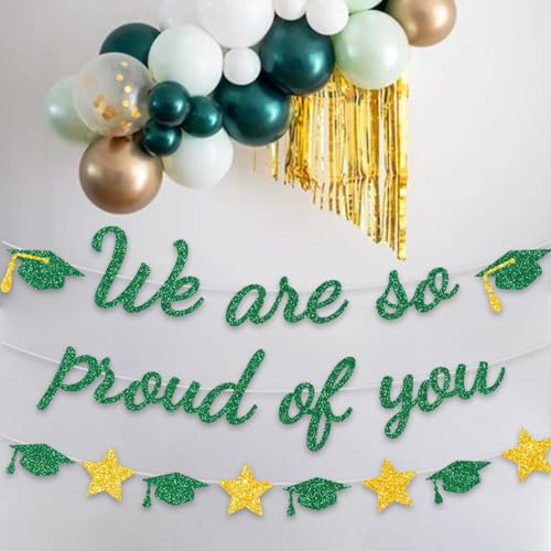 Image of We Are So Proud Of You Banner Graduation Party Decorations Glitter Congratulations Class Grad Ideas Green Gold