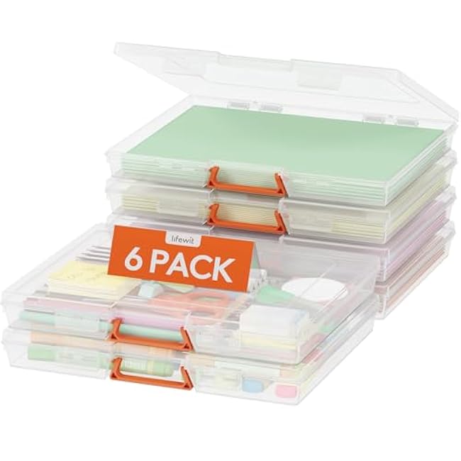 Lifewit 6 Pcs Plastic Multi-Purpose Storage Box with Handle, Labels, 6 Zipper Pouches, Translucent A4, 8.5 x 11 Letter Size Paper Storage, Storage Containers for Projects, Craft, File, Art Supplies