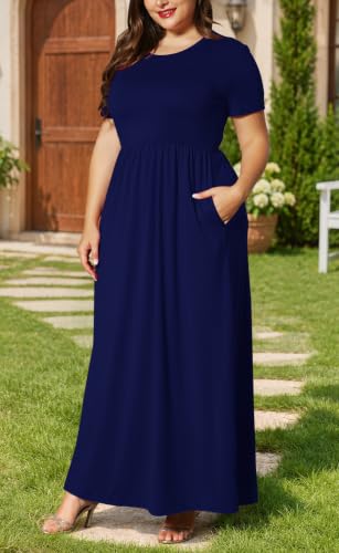 Image of KARALIN Women Plus Size Maxi Dress Short Sleeve Round Neck Loose Fit A-Line | Plus Size Long Dress,Summer Casual Maxi Dresses,Short Sleeve,Side Pockets,Round Neck,Elastic Waist,14 Plus - 26 Plus