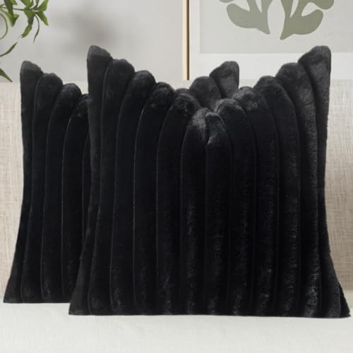 Image of MIULEE Faux Fur Decorative Throw Pillow Covers 18x18 Set of 2 Black | French Modern Art Home Decor Soft Plush Couch Pillows Cozy Fluffy Cushion Covers for Sofa Bed Living Room