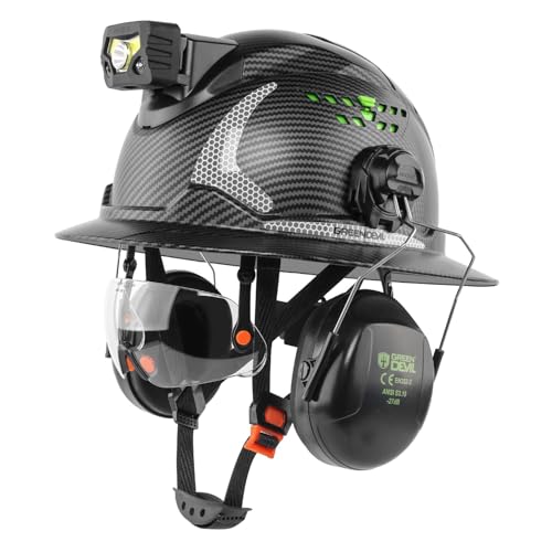 GREEN DEVIL Full Brim Hard Hat with Headlight Ear Muffs Visor 4 in 1 Helmet