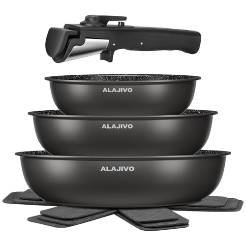 Pfannenset mit Abnehmbarer Griff, Pfanne Induktion, Bratpfanne mit Antihaft beschichtung, 7-Teiliges, 20+24+28 cm Platzsparend Pfannen, Pfannen Set für alle Herdarten, Spülmaschinen (schwarze)