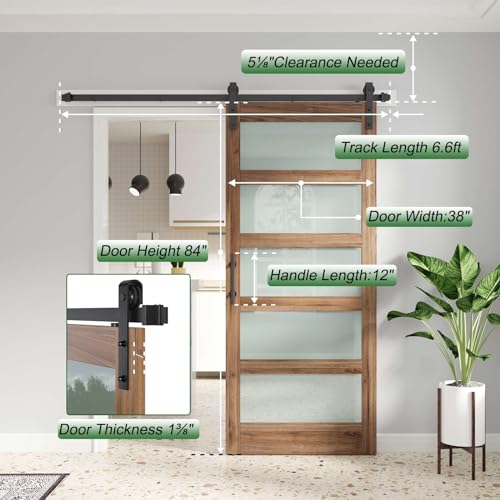 Image of FREDBECK 38 x 84 inch Glass Barn Door with 6.6FT Barn Door Hardware Kit Included,5-Panel Frosted Glass, Water-Proof Surface,Pre-Drilled Holes,Need Assembly,Fit 35in-37in Opening