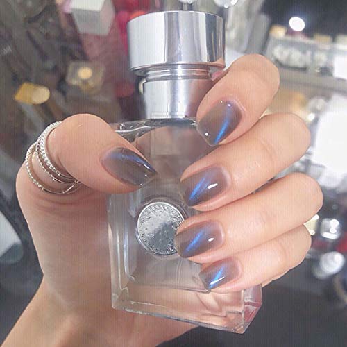 Fairyu Cat Eye Fake Nails Short False Nail Art Full Cover Clip on Nail Tips 24pcs for Women and Girls (Blue)
