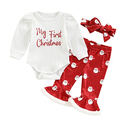 Image of Kaipiclos Newborn Baby Girls Christmas Outfits Long Sleeve Solid Color Romper Velvet Flared Pants With Headband Fall Winter Clothes 0 3 Month