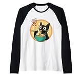 Divertida Sudadera Japonesa con Estampado de Ramen de Gato Negro de Anime Kawaii Camiseta Manga Raglan