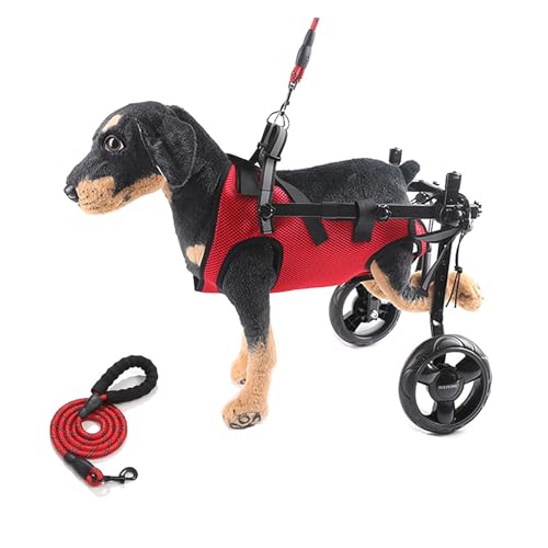 小型犬用後脚用車椅子、調整可能犬用トロリー&牽引ロープ付きペット用車椅子、犬用カート移動補助具、後肢麻痺ペットの歩行回復支援 red M: With traction rope