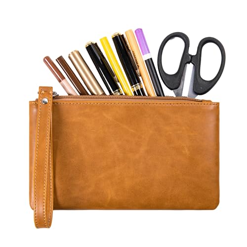 Image of Calfinder Pencil Pouch,Small Pen Pouch with Zipper,Handmade leather Pouch,Water Resistant,Leather Pouch for Makeup, Change, Coins, Perfect for Work /Office