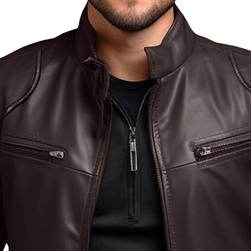 Men's Solid Color Leather Jacket Casual Zip-up Motorcycle Leathers Jackets Stand Collar PU Car Coat2