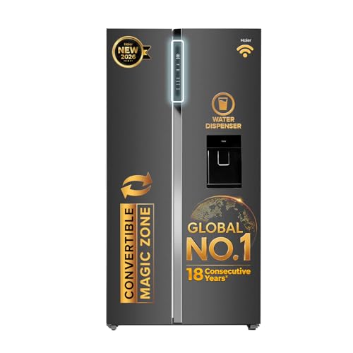 Image of Haier 596 L 3 Star Frost Free Expert Inverter Smart Sense AI enabled 2-Door Side by Side Refrigerator (HRS-682WGKU1, Graphite Black, Magic Convertible, In-built Water Dispenser, 2026 Model)
