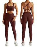 RXRXCOCO Gerippte Sport Set Damen Gym Workout Set Rückenfrei Oberteil Nahtlose Leggings Outfit Fitness Kaffee S