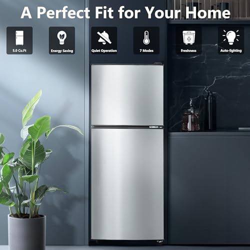 Image of Cucina Magica 5.0 Cu.Ft Fridge with Freezer, Dual Door Refrigerator with 7 Settings Temperature Adjustable, Small Fridge for Dorm Office Apartment and Home (Silver, 5.0 Cu.Ft)