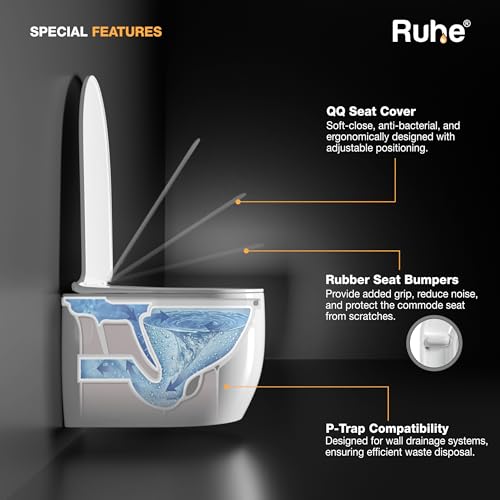 Image of Ruhe Summer Wall-Hung Rimless Western Commode with Siphonic Flushing System | P-Trap | 20 x 14.3 x 13.3 inches | Ceramic White Glossy Finish, Space-Saving Design | Includes Soft-Close Seat Cover