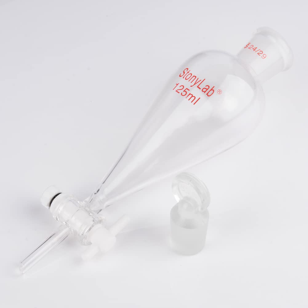 stonylab 125ml Imbuto Separatore con Rubinetto di Arresto in Vetro, Imbuto Laboratorio Conico a Forma di Pera con Parete Pesante in Vetro Borosilicato con Giunto 24/29, Separatory Funnel