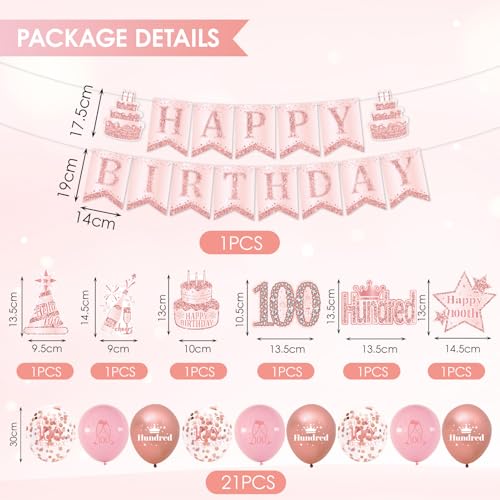 100th Birthday Decorations for Women, 100th Rose Gold Birthday Party Supplies, 100 Years Celebration Kit Including Backdrop, Crown, Sash, banner, Hanging Swirl,Balloons,Paper Fans for Her by Ryzovo - Used condition - Image 2