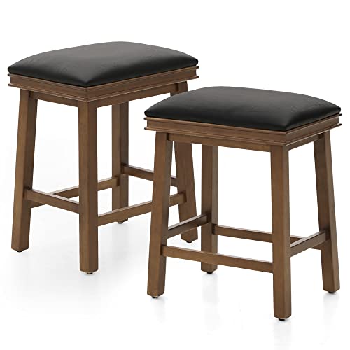 Alpha Home 24" Bar Stools Set Of 2, Solid Wood Kitchen Stools With Black Pu Leather Cushion Counter Height Bar Stools For Indoor, Black Seat And Walnut Legs, 2Pcs #TOP7