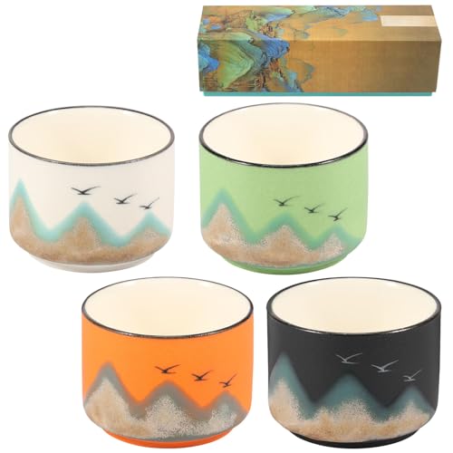 Fyeme 4Pcs Ceramic Tea Cup Mountain Pattern Teacup Set 50ml Chinese Japanese Ceramic Teacup Chinese Tea Cups Traditional Earthenware Cups No Handle Asian Tea Cup Ceramic Japanese Tea Cup for Home