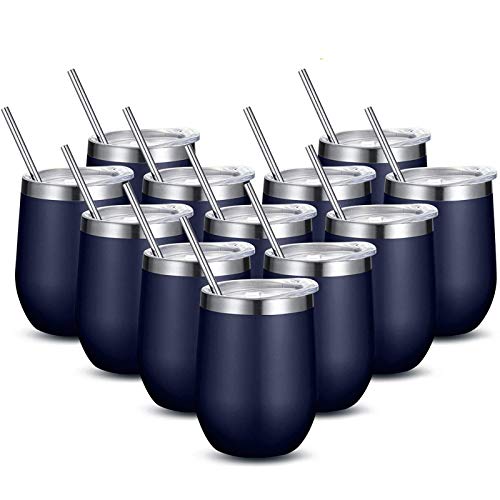 Fungun 12 Pack Unbreakable Drink-Ware Stemless Wine Tumbler, 12 Oz Stainless Steel Triple-Insulated Vacuum Wine Glass Cup with straws for Wine, Coffee, Champagne, Cocktails and Beer(Navy Blue)