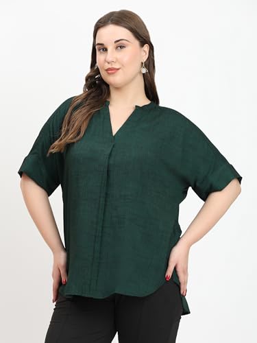 Image of SINDOORI Relaxed Fit Tops for Women Plus Size Solid Printed Mandarin Collar, Band Collar, V-Neck Top, Half Sleeve Loose Fit