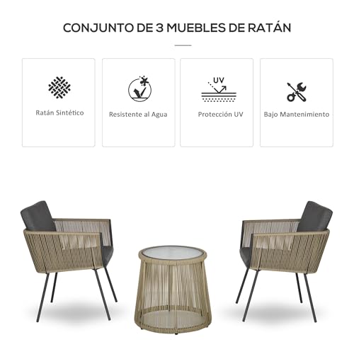 Outsunny Conjunto de Jardín Exterior de 3 Piezas Juego de 2 Sillas y Mesa de Ratán con Cojines Acolchados y Encimera de Vidrio para Balcón Terraza Café y Gris - imagen 4