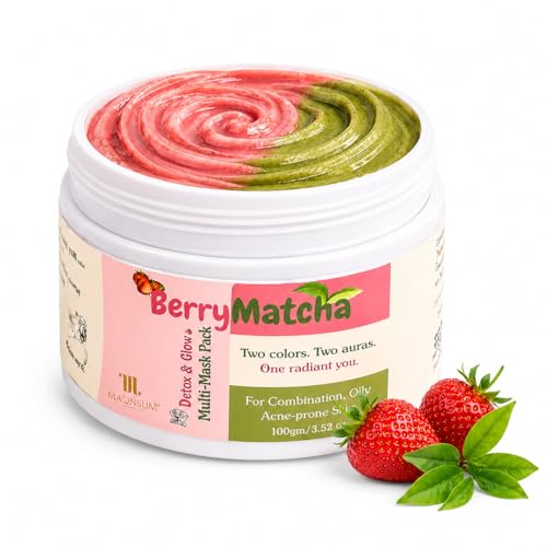 Image of Mamash Organics BerryMatcha Instant Detox & Glow Multi-Mask 100g | Matcha & Strawberry 2-in-1 Face Pack | DIY Texture Clay Mask for Oily & Dry Zones | Pore Detox, Hydration & Brightening | Ayurvedic