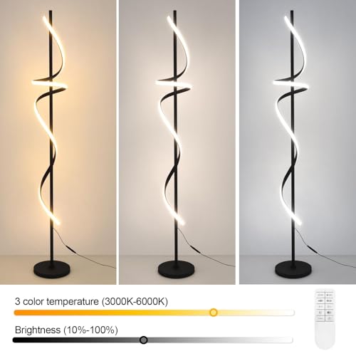 Image of Decor Chronicle Black Modern Floor Lamp, Spiral Rod Design with 3 LED Modes (Warm, Neutral, Cool), Elegant Standing Lamp for Bedroom, Living Room, or Home Interior