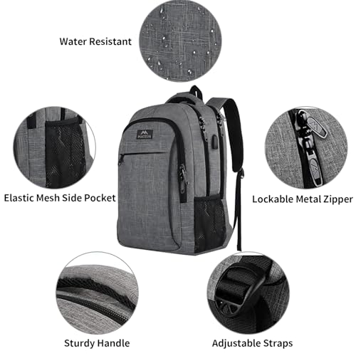 MATEIN Travel Laptop Backpack, Work Bag Lightweight Laptop Bag with USB Charging Port, Anti Theft Business Backpack, Water Resistant School Rucksack Gift for Men and Women, Fits 15.6 Inch, Grey - Image 5