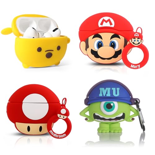XMBYGY - Juego de 4 fundas para AirPods Pro de 2ª/1ª generación (2022/2019) con mosquetón, diseño de piel de caricatura, funda protectora de silicona para niños y niñas (CTMrQ + RDWN + Mario + hongo)