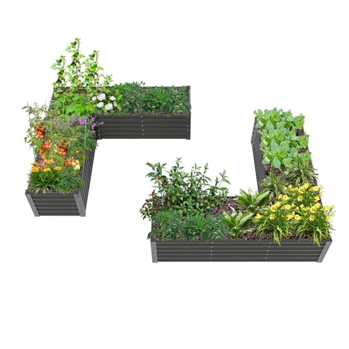 A ANLEOLIFE 2 Set L-Shaped Galvanized Raised Garden Beds Outdoor,74x74x18in Large Metal Planter Box for Planting Vegetables Flowers Herb, Anti-Rust & Easy-Setup, Quartz Grey