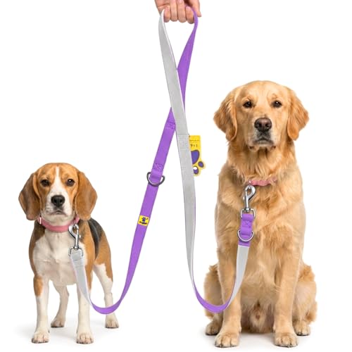 Image of A+a Pets' Multi-Function Cotton Leash to Walk 2 Dogs | Long, Short, Hands Free, Traffic, Running, Walking | Adjustable, Soft Comfortable (Purple & White)