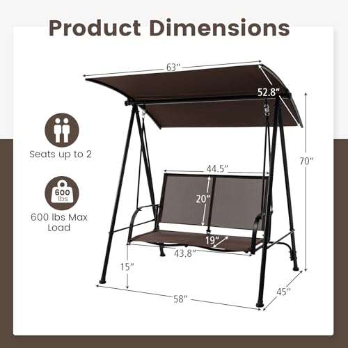 Image of HAPPYGRILL 2-Person Patio Swing with Canopy, Heavy-Duty Metal Frame, Breathable Seat Fabric, Outdoor Loveseat Swing for Backyard, Balcony, Poolside