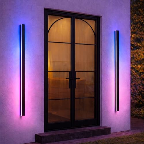Image of Outdoor Wall Sconce, 2 Pack 59 Inch Modern Wall Light Fixture, RGB Black Long Linear Wall Mount Lighting Sconce, Exterior Lights Wall Sconce for House, Garage, Front Door, Porch, Patio