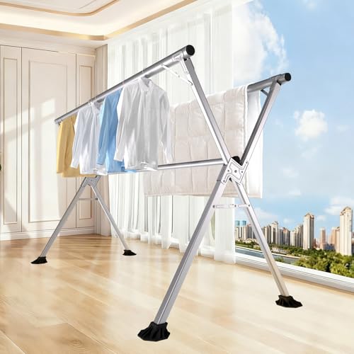 ステンレス、物干しハンガー、物干し竿、洗濯物干しハンガー、組み立て簡単、折りたたみ伸縮式、省スペース、室内干し、室外防風、頑丈設計、調節可能、独立式、防風フック付き*20（シルバー、1.35~2 M）