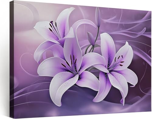 Cadre en bois de qualité et impression sur toile lys violet au style artistique