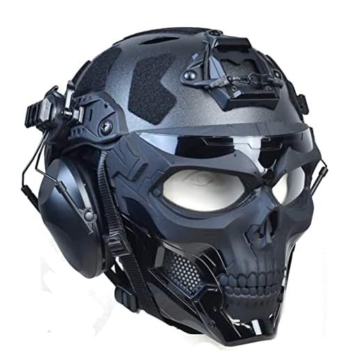 Tactical Full Airsoft Mask & Tactical Helmet with Tactical Headset,Ear Hearing Protection Noise Cancelling,Full Face Skull Mask Clear Goggle Paintball Gear (T-Black Helmet)