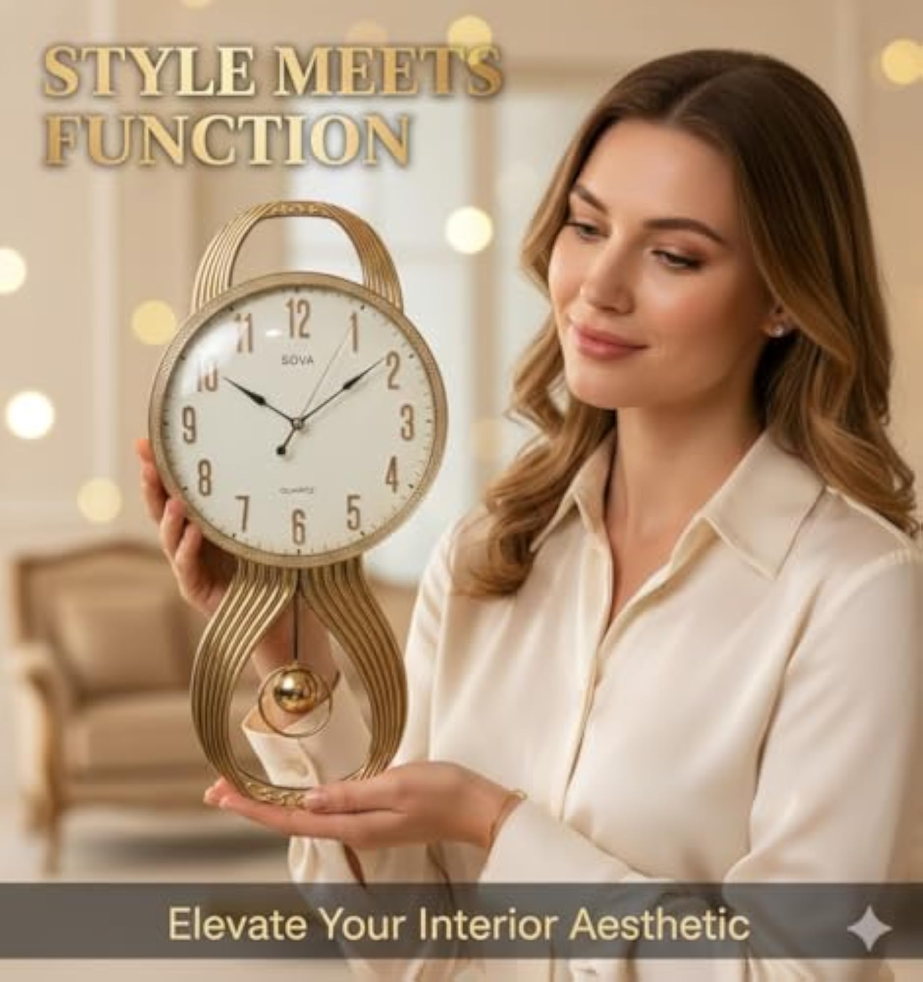 Stylish Pendulum Wall Clock, 26x13 Inch, Gold Frame