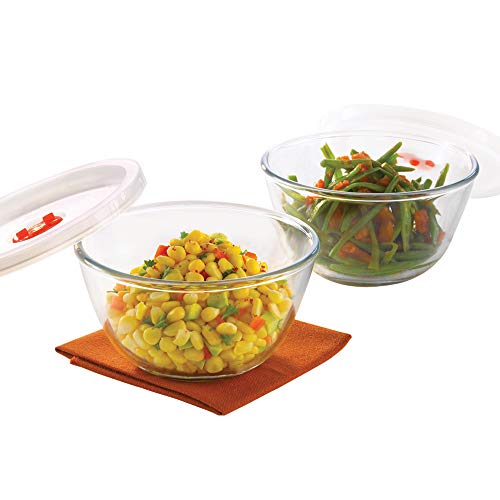 Borosil Glass Mixing & Serving Bowls With Lids, Oven & Microwave Safe Bowls, Set of 2 (900 ml each), Borosilicate Glass, Clear