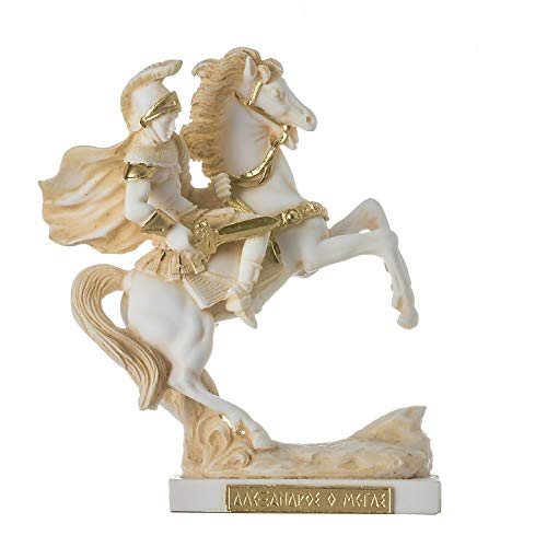 Alexander den Store av Makedonien med hans Häst Bucephalus Grekisk Romersk Konst Skulptur Alabaster Staty Guld ton 18cm
