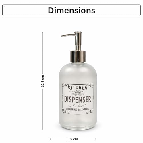 Image of Luxe Home International Kitchen Dispenser Print Glass Soap Dispenser for Bathroom and Kitchen Sink Leak Proof Liquid Hand Wash Round Bottle Lightweight Smooth Finish (19.5x7.5 cm White) Pack of 1