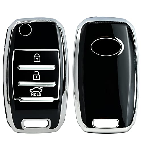 Image of KMH TPU Silver Car Smart Key Cover Compatible for Kia Seltos and Sonet 3 Push Button Smart Flip Key Shell Case Holder, Full Key Protection (Silver Black & Silver White) Pack of 2