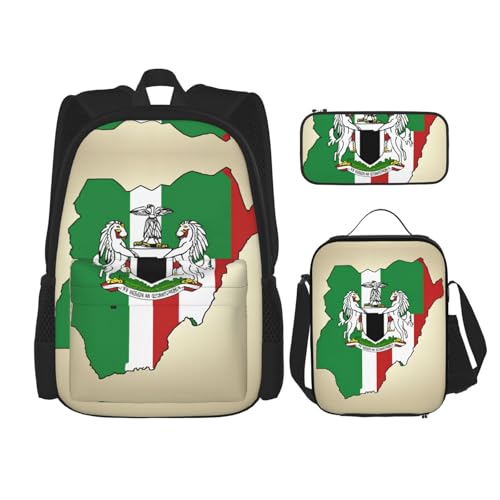 Nigeria Flag Map With Horse Pattern Print 3-Piece Set Backpack, Lunch Bag And Pencil Case, For Travel, College, And Daily Use