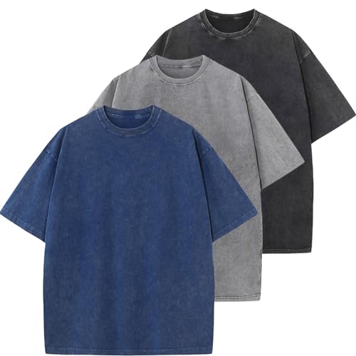 Pack de 3 t-shirts homme surdimensionnés vintage en coton délavé bleu gris noir taille S