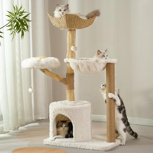 Moewrista Modern Cat Tree with Hammock 48.5 Inches Cat Tower with Scratching Post Featuring Real Wood Post Large Rattan Basket Spacious Flower Perch and Condo for Indoor Cat Large Adults-Beige